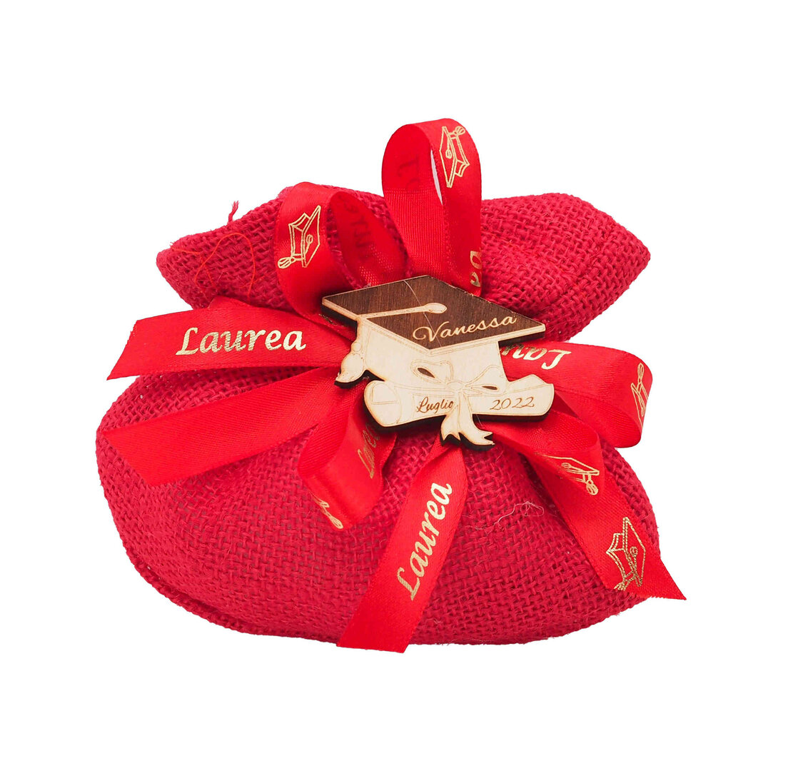 Sacchetto in juta per laurea con placca in legno personalizzata